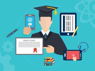 Graduate with pen, certificate, smartphones and tablet.