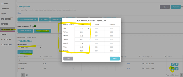 define a price table for your system. You setup a default currency and open the product price dialog