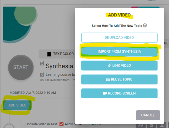 press ‘Add Video’ and select ‘Import from Synthesia’.